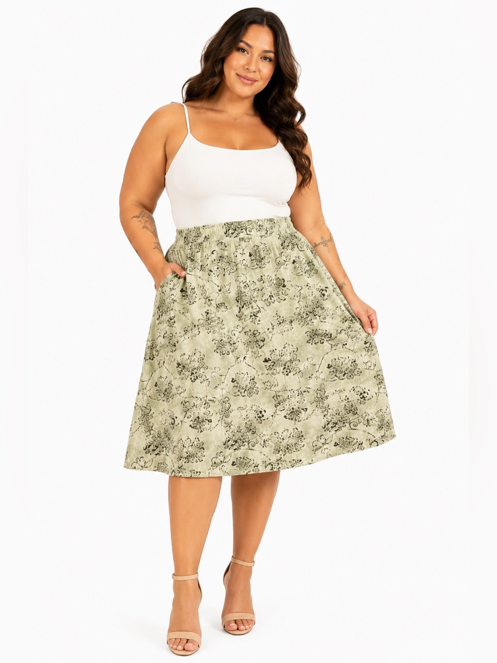 90s Vintage Laura Scott Woman Romantic Brocade Floral Midi Skirt (Green)Size 24W